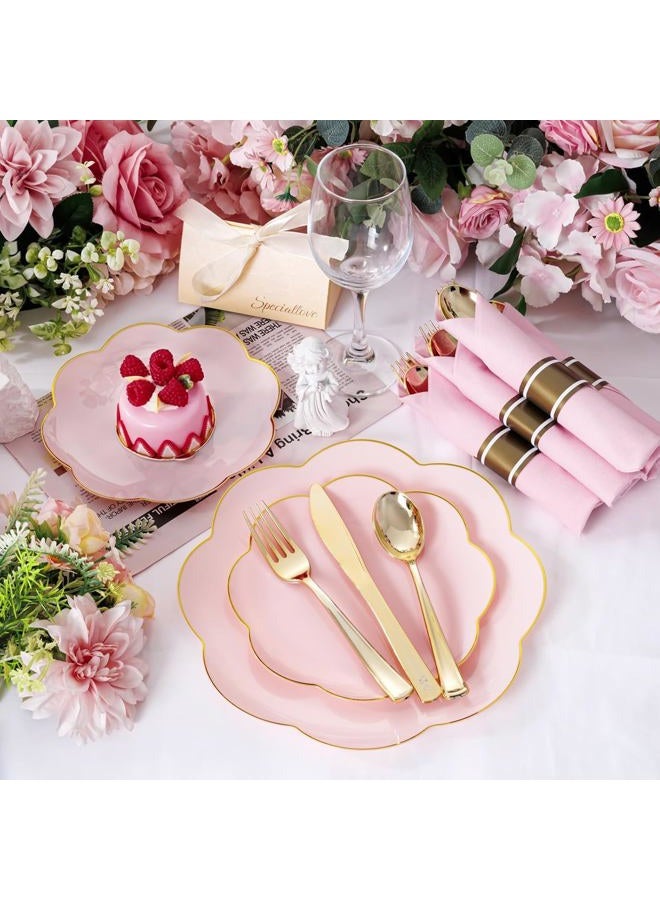 supernal 60pcs Pink Scalloped Plastic Plates with Gold Rim,Heavy Duty Plastic Disposable Plates Includes:30 Dinner and 30 Dessert Plate Perfect for Wedding, Bridal Shower, Mother's Day&Parties - Image 3