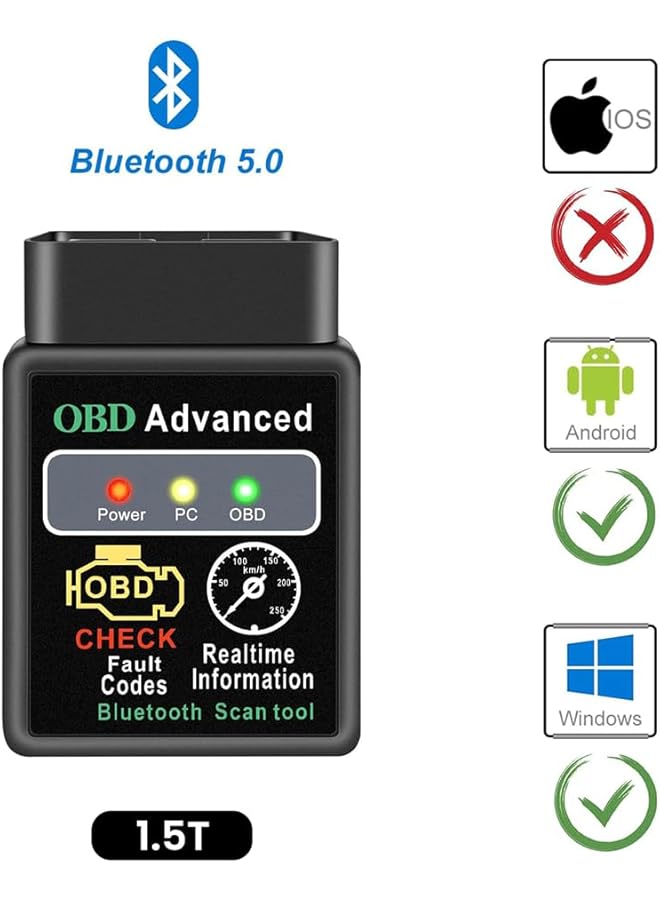 Obd2 Scanner Adapter Bluetooth, Wireless Diagnostic Code Reader Obd Ii Scan Tool, Car Code Reader, Engine Fault Code Reader, Reset And Clear Check Car Engine Light, Compatible With Android And Windows