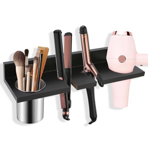 SLLPL Hair Tool Organizer for Bathroom Wall Mounted Hair Dryer Holder with HeatResistant Cups Curling Iron Straightener Rack Blow Dryer Organizer for Vanity or Wall Black - Image 1