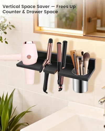 SLLPL Hair Tool Organizer for Bathroom Wall Mounted Hair Dryer Holder with HeatResistant Cups Curling Iron Straightener Rack Blow Dryer Organizer for Vanity or Wall Black - Image 3