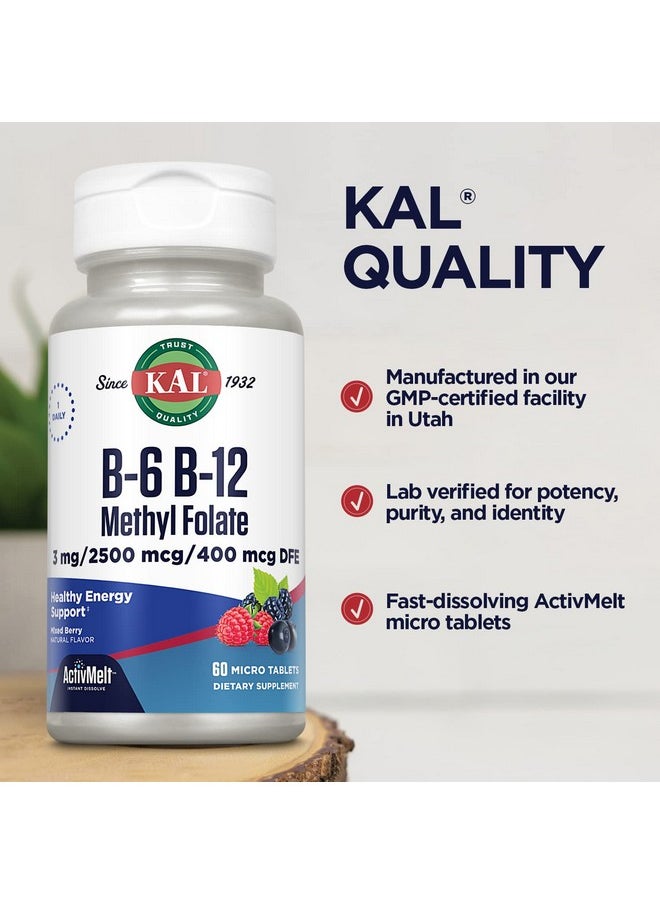 KAL - B6 B12 Methyl Folate Activmelt ; Healthy Heart & Energy Support ; Natural Mixed Berry Flavor ; Active Coenzyme Forms ; 60 Micro Tablets - Image 1