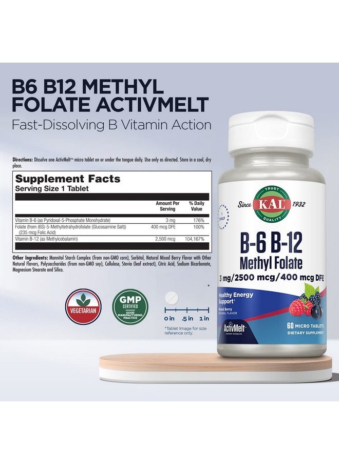 KAL - B6 B12 Methyl Folate Activmelt ; Healthy Heart & Energy Support ; Natural Mixed Berry Flavor ; Active Coenzyme Forms ; 60 Micro Tablets - Image 1