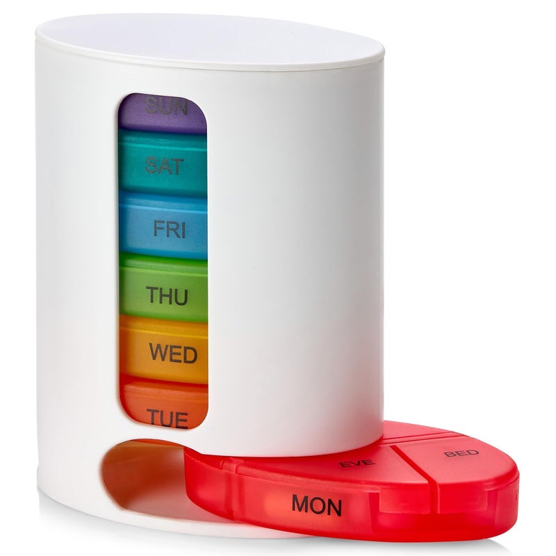 MEDca Weekly Pill Organizer 1 Dispenser 7 Stackable MultiColor Compartments Four TimesaDay Morning Noon Evening and Bedtime White