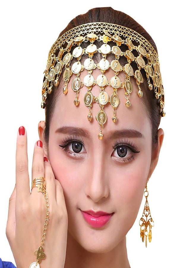 VRITRAZ Women's Chiffon Belly Dance 50 Coin Headband, Wrist Band, Face Veil (Pack of 3, Gold) - Image 3