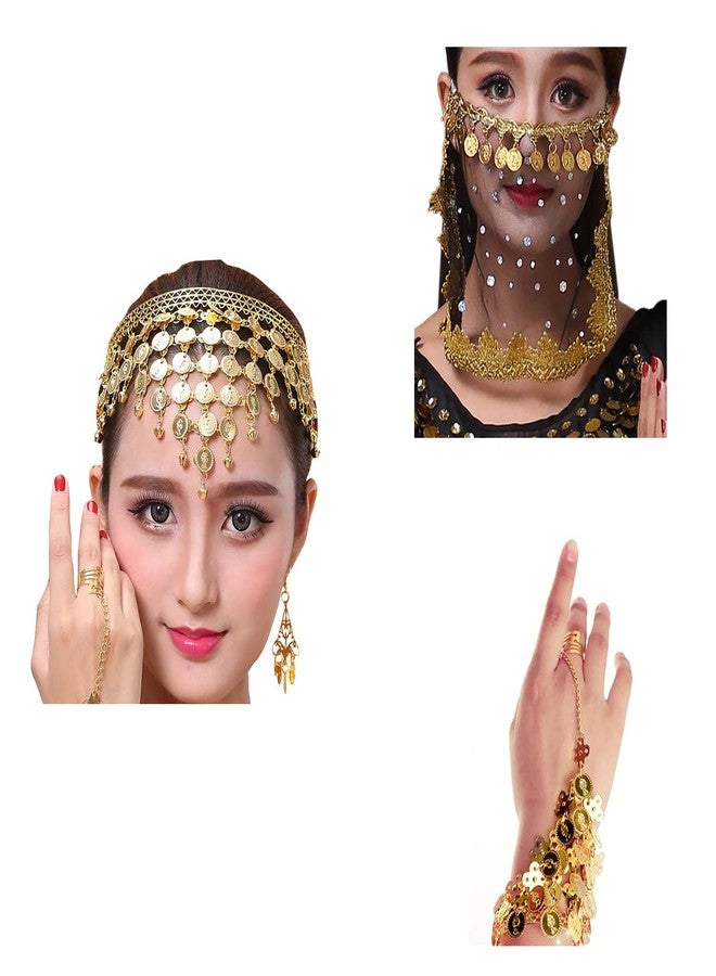 VRITRAZ Women's Chiffon Belly Dance 50 Coin Headband, Wrist Band, Face Veil (Pack of 3, Gold) - Image 2