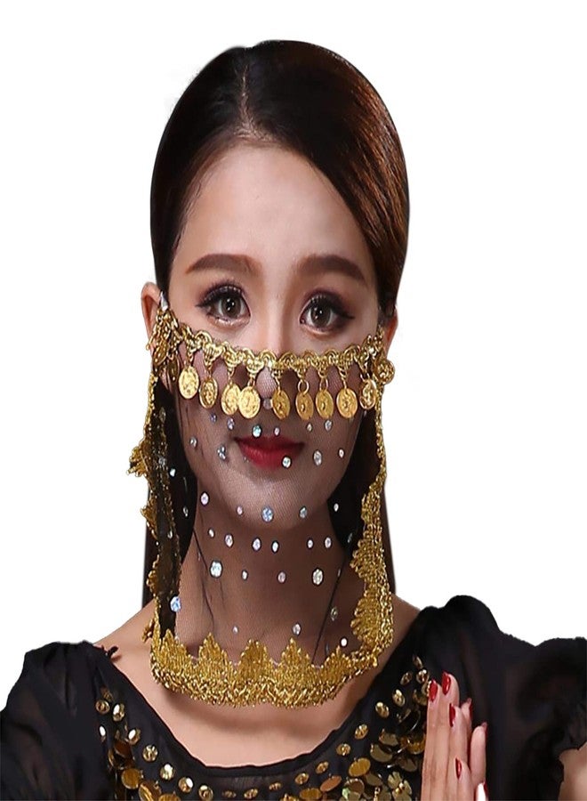 VRITRAZ Women's Chiffon Belly Dance 50 Coin Headband, Wrist Band, Face Veil (Pack of 3, Gold) - Image 5