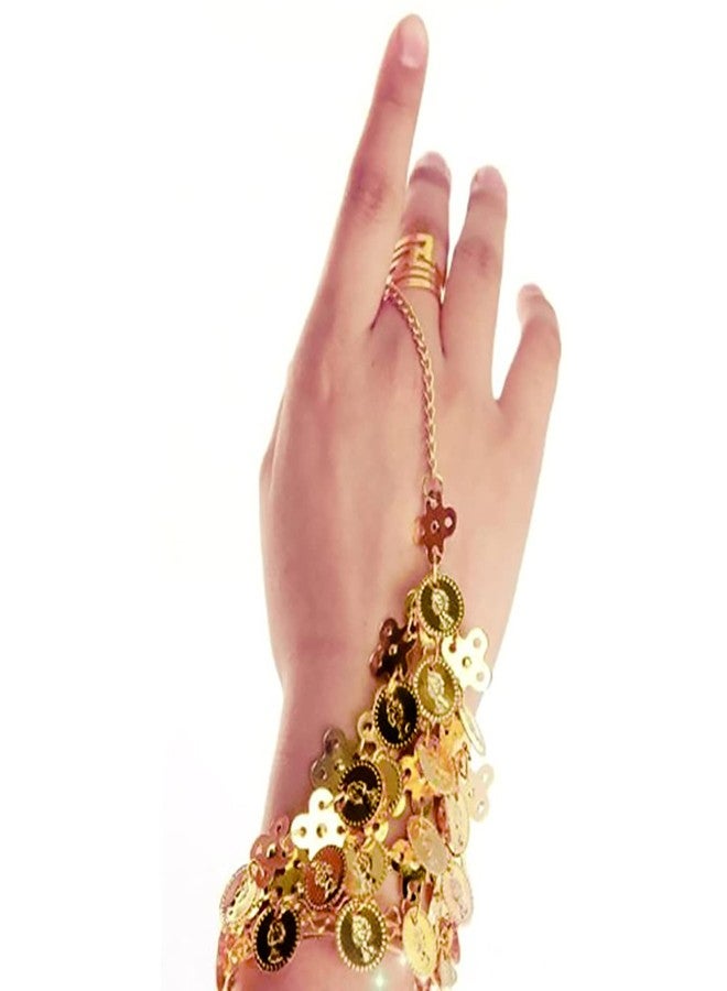 VRITRAZ Women's Chiffon Belly Dance 50 Coin Headband, Wrist Band, Face Veil (Pack of 3, Gold) - Image 4