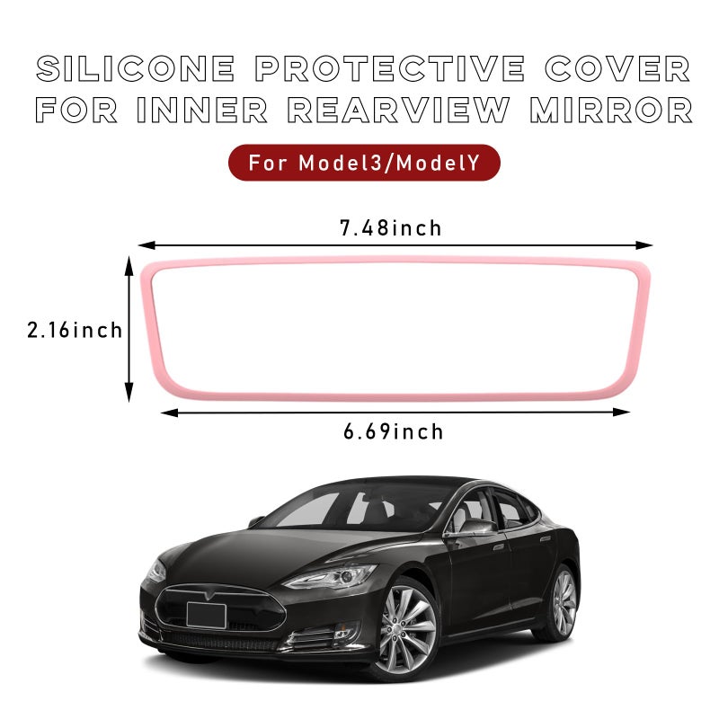 Ohleats Car Rear View Mirror Protector Frame, Silicone Auto Rearview Edge Protection Cover Compatible with Model 3 Model Y, Interior Rear View Trim Frame Decoration, Car Accessories (Pink) - Image 2