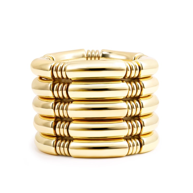 Badu 5pcs Gold Chunky Bangles Bracelets For Women 14k Gold Plated Stack Layered Curved Bamboo Tube Stretch Bracelets Gift Jewelry - Image 1