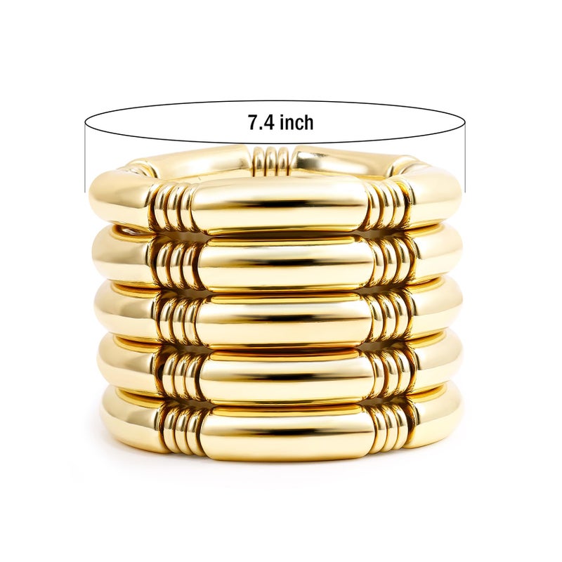 Badu 5pcs Gold Chunky Bangles Bracelets For Women 14k Gold Plated Stack Layered Curved Bamboo Tube Stretch Bracelets Gift Jewelry - Image 2