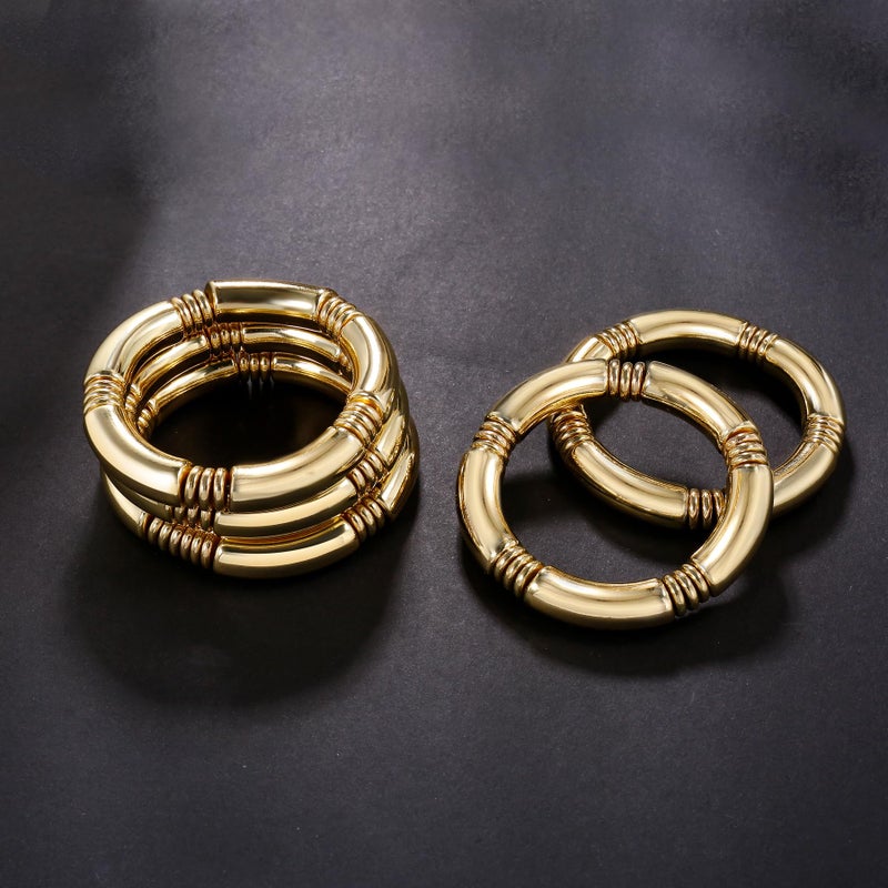 Badu 5pcs Gold Chunky Bangles Bracelets For Women 14k Gold Plated Stack Layered Curved Bamboo Tube Stretch Bracelets Gift Jewelry - Image 5