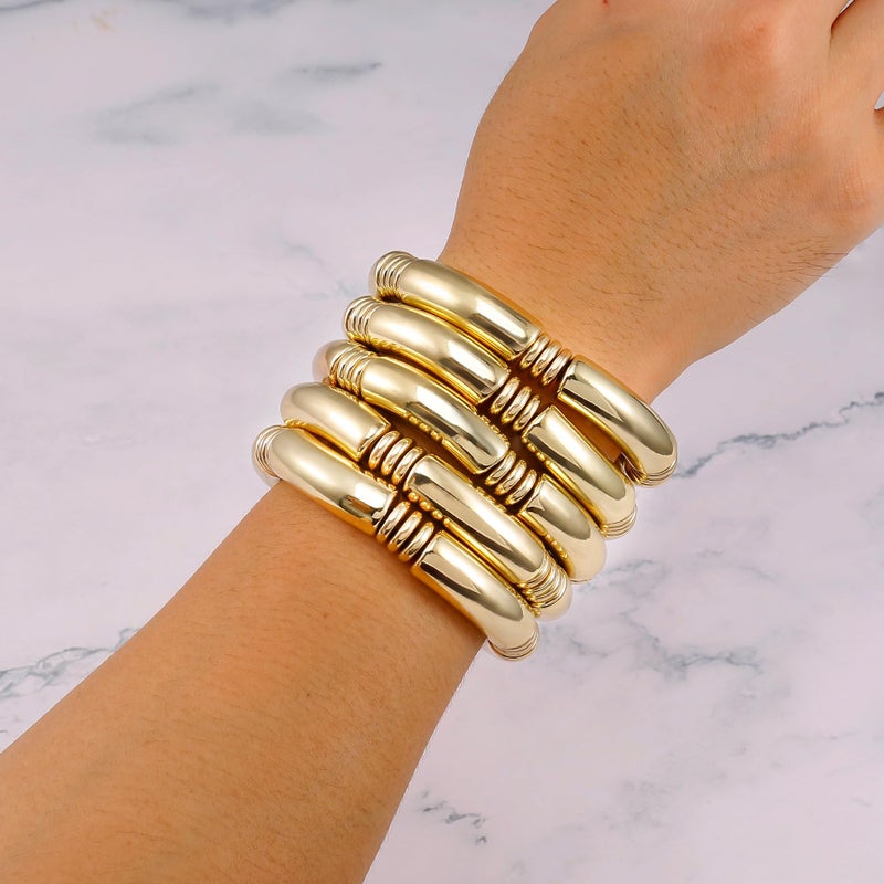Badu 5pcs Gold Chunky Bangles Bracelets For Women 14k Gold Plated Stack Layered Curved Bamboo Tube Stretch Bracelets Gift Jewelry - Image 4