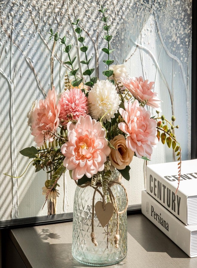 Aubcee Fake Flowers with Vase,Faux Flowers in Vase for Home Decor,Silk Pink Dahlia Artificial Flowers with Vase for Coffee Table Decor,Living Room Bathroom Plant Decor, Centerpiece Table Decorations - Image 2