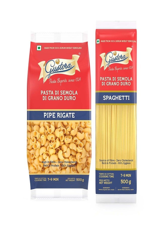 Gustora Healthy Pipe Rigate & Spaghetti Pasta Combo I Durum Wheat Semolina I Rich In Protein & Fibre I Zero Cholesterol I Vegetarian I No Trans - Fat I Cooking Time 10 Min - (500 Gm X 2) - Image 1