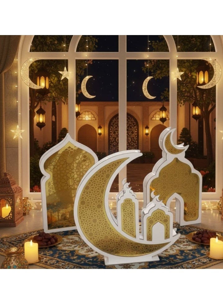 طقم ديكور رمضان 3 قطع جامبو ليد مضيء 50 سم خامه خشب مع أكريلك دهبى - Image 1