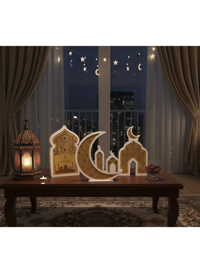 طقم ديكور رمضان 3 قطع جامبو ليد مضيء 50 سم خامه خشب مع أكريلك دهبى - Image 2