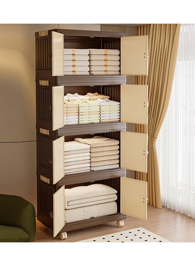 4-Tier Foldable Plastic Storage Cabinet 43.5x27.5x105.5 cm Slim Organizer with Double Doors & Wheels - Image 1
