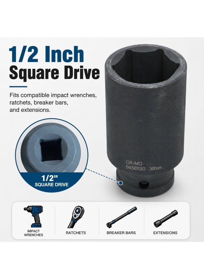 30mm Deep Impact Socket, 1/2 Inch Square Drive, Cr-Mo Steel 6 Point Socket for Impact Wrench, Ratchet and Breaker Bar - Image 2