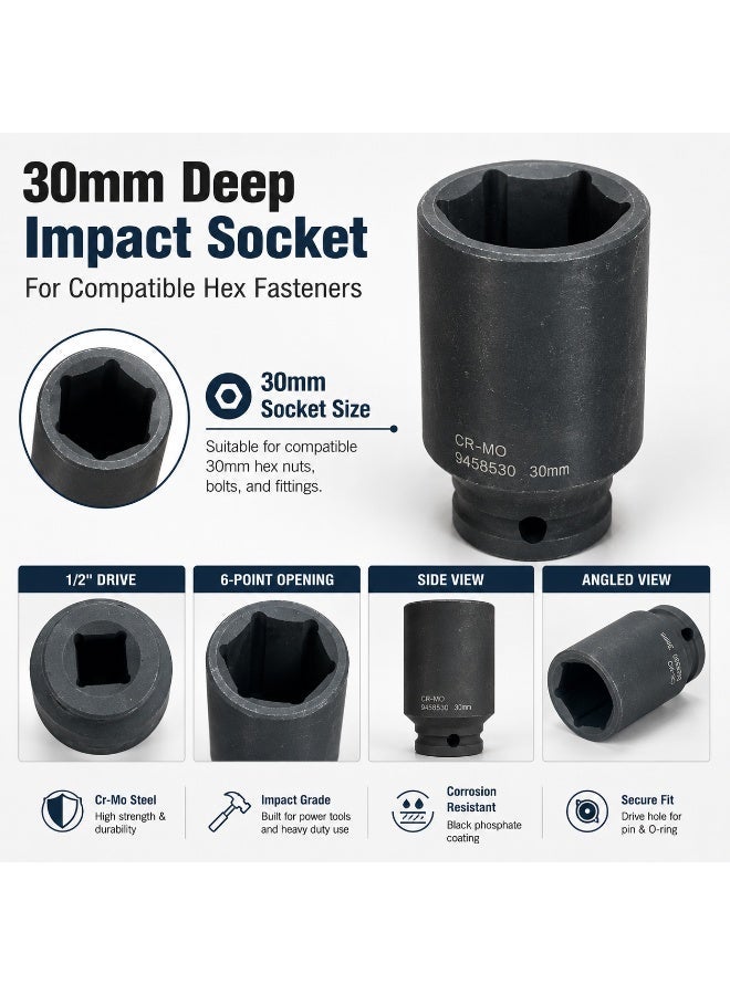 30mm Deep Impact Socket, 1/2 Inch Square Drive, Cr-Mo Steel 6 Point Socket for Impact Wrench, Ratchet and Breaker Bar - Image 3
