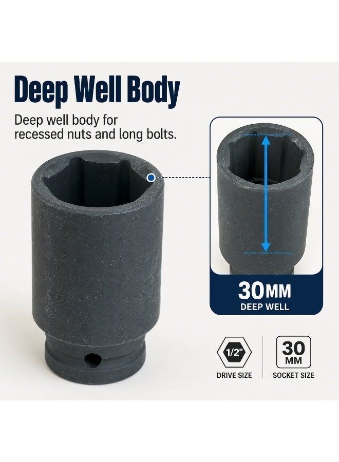 30mm Deep Impact Socket, 1/2 Inch Square Drive, Cr-Mo Steel 6 Point Socket for Impact Wrench, Ratchet and Breaker Bar - Image 5