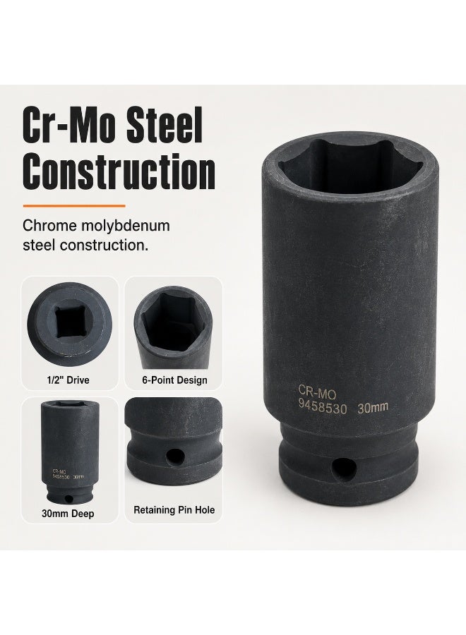 30mm Deep Impact Socket, 1/2 Inch Square Drive, Cr-Mo Steel 6 Point Socket for Impact Wrench, Ratchet and Breaker Bar - Image 4
