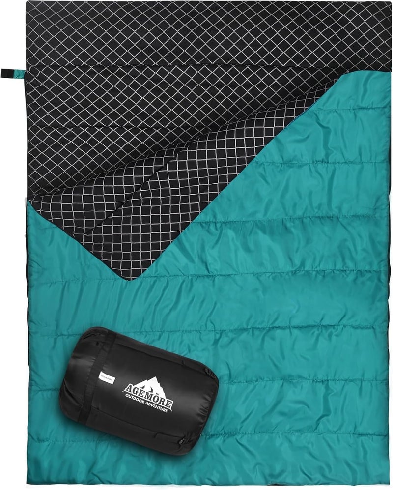 AGEMORE Cotton Flannel Double Sleeping Bag for Camping, Backpacking Or Hiking. Queen Size 2 Person Waterproof Sleeping Bag for Adults Or Teens. Lightweight with Compression Sack - Image 1