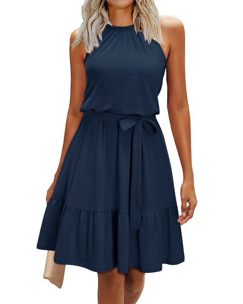 Newshows Summer Teacher Dresses for Women 2026 Halter Casual Vestidos Beach Vacation Outfits Fall Formal Wedding Guest Dresses Ruffle Belted Pockets Sundress(Navy, S) - Image 1