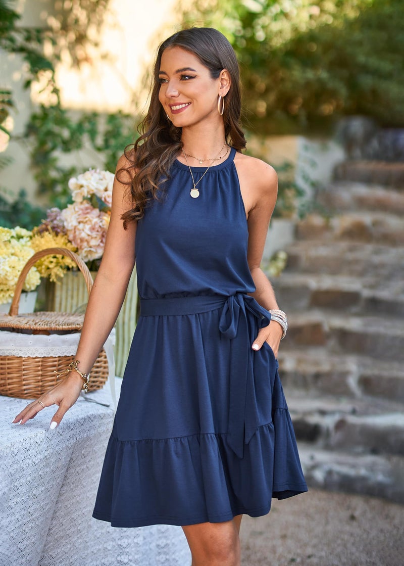 Newshows Summer Teacher Dresses for Women 2026 Halter Casual Vestidos Beach Vacation Outfits Fall Formal Wedding Guest Dresses Ruffle Belted Pockets Sundress(Navy, S) - Image 2