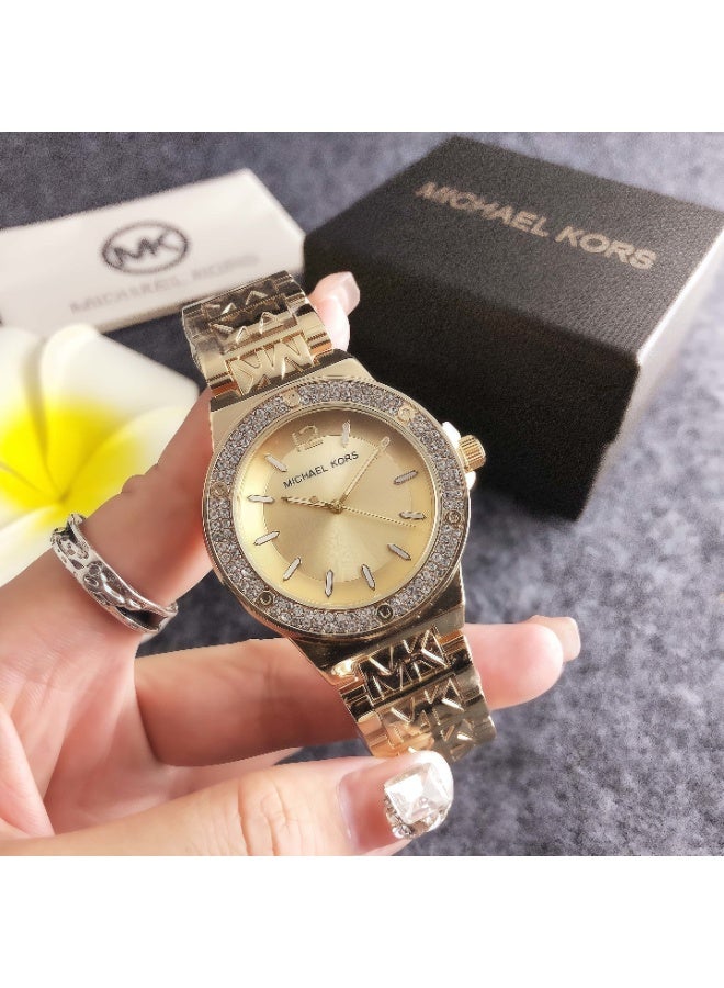 ام كي Michael Kors Women's Gold - Tone Watch with Crystal - Studded Bezel and Logo - Detailed Bracelet