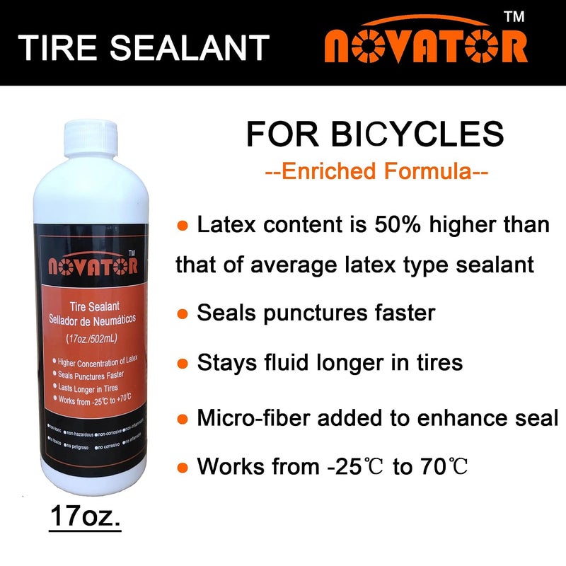 Novator High Performance Bike Tire Sealant for Tubeless, Tubulars, Tubes, Seals Faster, Lasts Longer, Micro-Fiber for MTB, Road, Gravel Bicycle (17oz.sealant) - Image 2