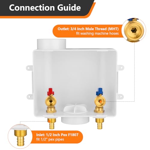HeSun 1-Pack HeSun Washing Machine Outlet Box, 1/2 Inch Crimp Pex Inlet x 3/4 Inch MHT Outlet Connection, Pex Washer Laundry Box with Center Drain(WM002) - Image 3