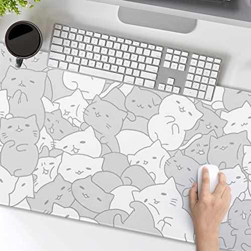aportt Kawaii Cats White Gaming Mouse Pad XXL Cute Kittens Japanese Extended Big Large Desk Mat Non-Slip Rubber Base Stitched Edge Long Keyboard Mousepad for PC Computer Laptop, 35.4×15.7 Inches - Image 5