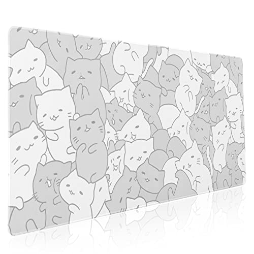 aportt Kawaii Cats White Gaming Mouse Pad XXL Cute Kittens Japanese Extended Big Large Desk Mat Non-Slip Rubber Base Stitched Edge Long Keyboard Mousepad for PC Computer Laptop, 35.4×15.7 Inches - Image 1