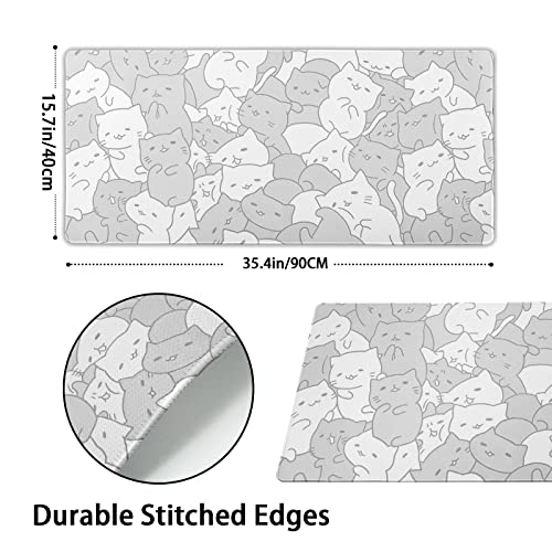 aportt Kawaii Cats White Gaming Mouse Pad XXL Cute Kittens Japanese Extended Big Large Desk Mat Non-Slip Rubber Base Stitched Edge Long Keyboard Mousepad for PC Computer Laptop, 35.4×15.7 Inches - Image 2
