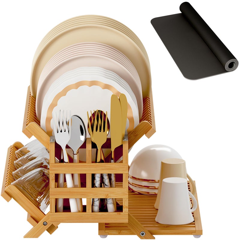 Greenual Bamboo Dish Drying Rack with Utensil Holder, 3 Tier Collapsible Dish Rack, Wooden Dish Racks for Kitchen Counter, Large Folding Drying Holder with Absorbent Dish Drying Mat - Image 1