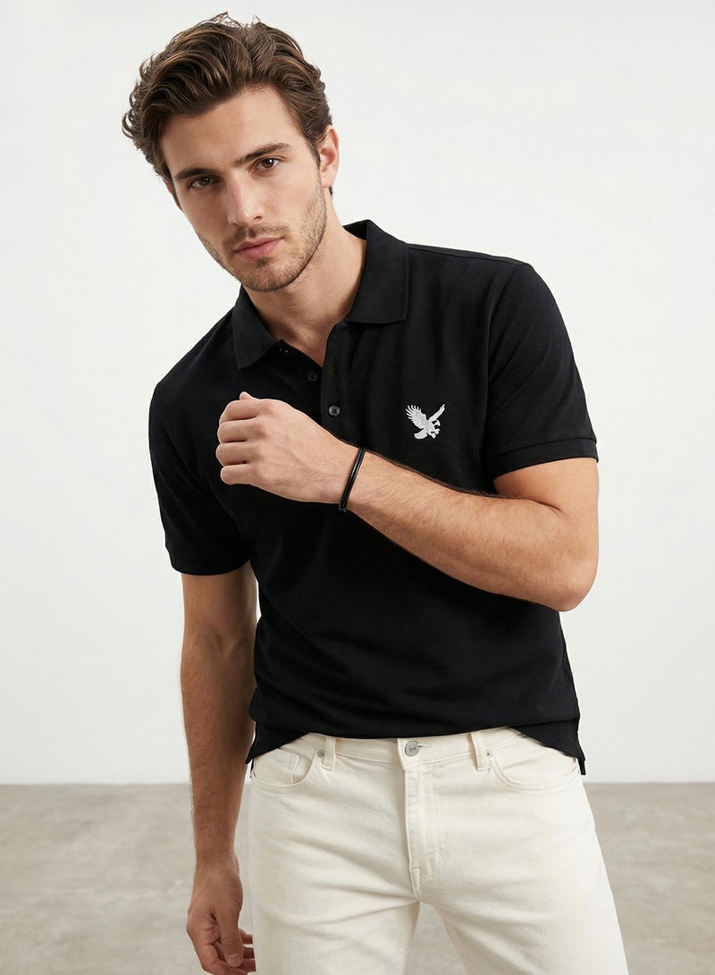 trendyol Black Regular/Normal Cut Eagle Embroidery Detailed Polo Neck T-Shirt Tmnss25Po00017 - Image 1