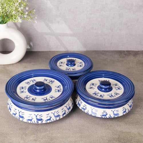 Niyara Premium Ceramic Casserole Set with Lids – Handcrafted Serving Bowls for Hot Food, Microwave & Dishwasher Safe – Perfect for Festive & Everyday Use – Set of 3 (Blue Deer) - Image 1