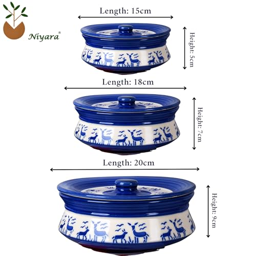 Niyara Premium Ceramic Casserole Set with Lids – Handcrafted Serving Bowls for Hot Food, Microwave & Dishwasher Safe – Perfect for Festive & Everyday Use – Set of 3 (Blue Deer) - Image 5