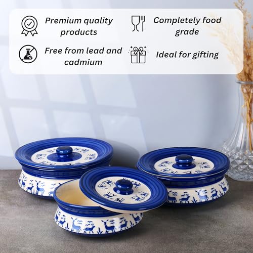 Niyara Premium Ceramic Casserole Set with Lids – Handcrafted Serving Bowls for Hot Food, Microwave & Dishwasher Safe – Perfect for Festive & Everyday Use – Set of 3 (Blue Deer) - Image 4