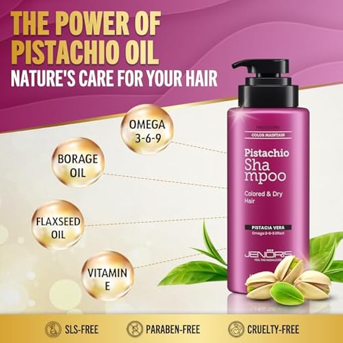 Jenoris PISTACHIO SHAMPOO FOR COLORED & DRY HAIR 16.9 FL.OZ / 500 ML PROFESSIONAL HAIRCARE PRODUCTS FOR MEN AND WOMEN; INFUSED WITH NATURAL OILS FOR MAXIMUM HYDRATION AND SHINE. SALON TREATMENT. - Image 3