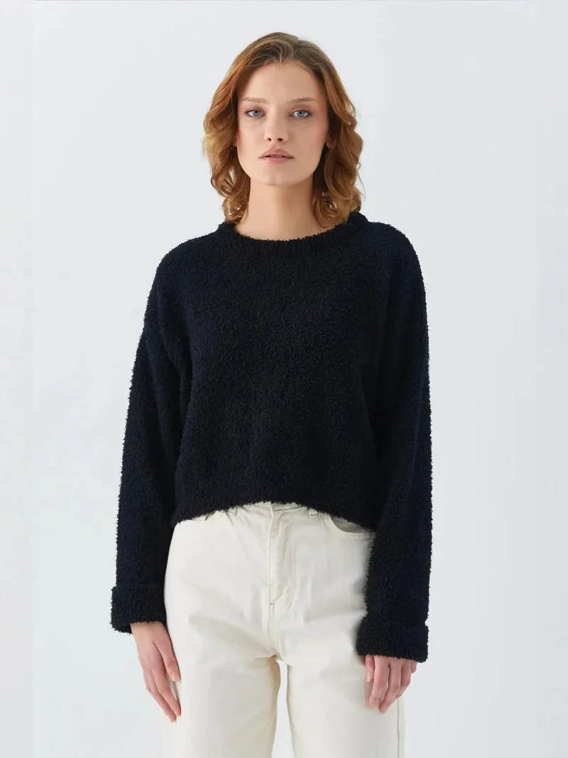 MixRay Mixray Plush Textured Crop Knit Sweater