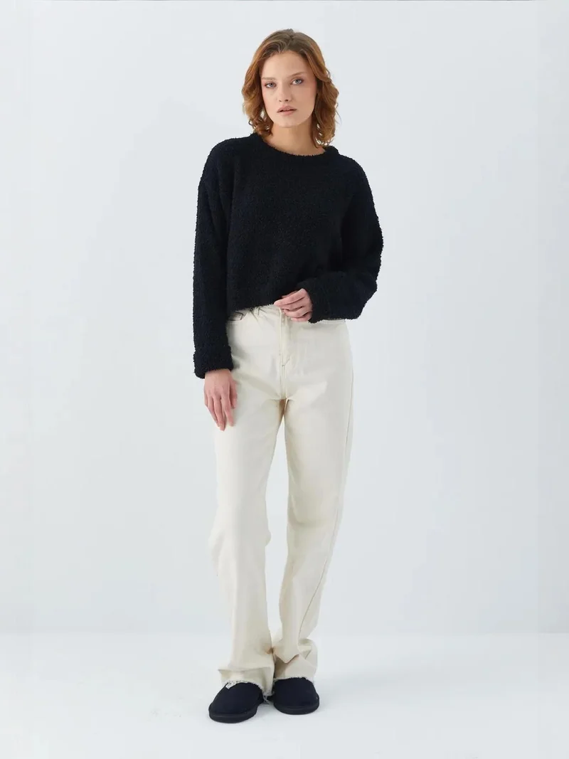 MixRay Mixray Plush Textured Crop Knit Sweater