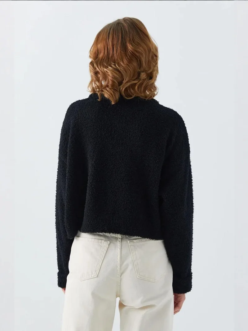 Mixray Black Mixray Plush Textured Crop Knit Sweater for Women | Best Price UAE