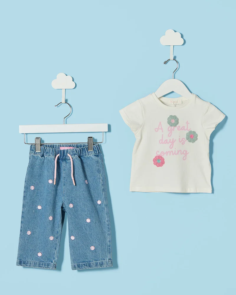 REDTAG Infant Girls White And Blue Embellished 2 Piece Set