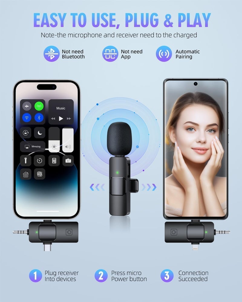 VRJTEC 3-in-1 Wireless Collar Microphone System with ANC Noise Reduction | 360° Sound Capture | Compatible with DSLR Cameras, Android & iOS Smartphones | Seamless Audio Recording - Image 4