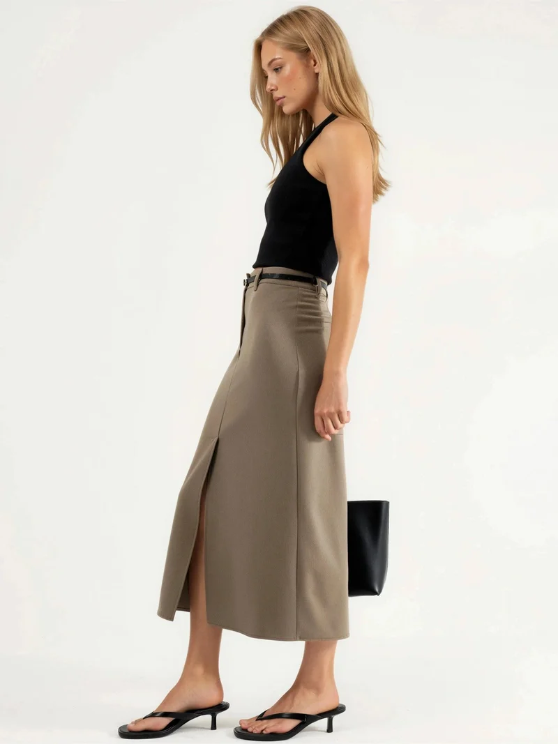 Qustyle QU STYLE Belted Midi Skirt with Slit