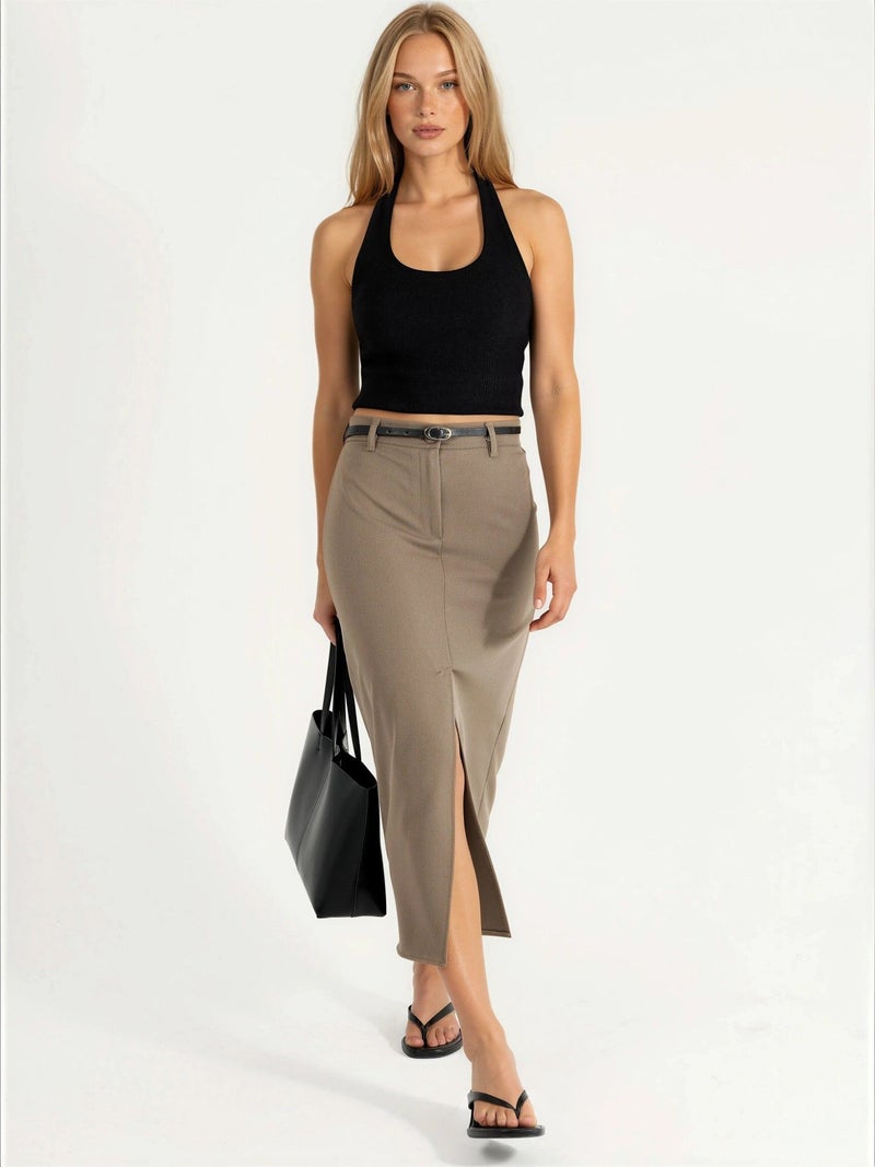 Qustyle QU STYLE Belted Midi Skirt with Slit - Image 4