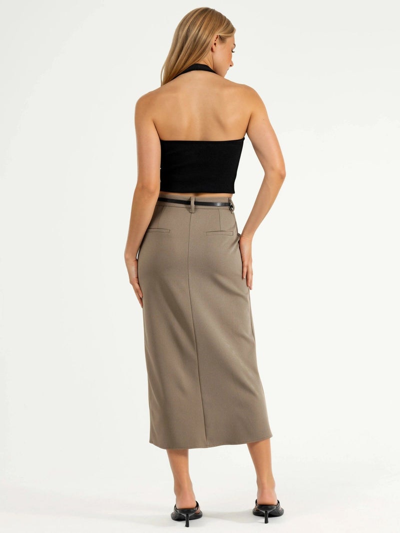 Qustyle QU STYLE Belted Midi Skirt with Slit - Image 3