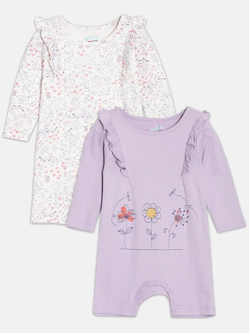 Broon Broon Infant Girls White and Purple Printed Organic Cotton Rompers Pack of 2