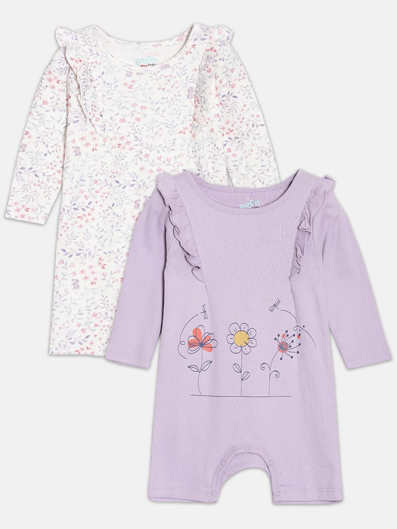 برون رومبرز قطن عضوي أبيض وبنفسجي مطبوع للبنات الرضع عبوة من قطعتين - Image 1